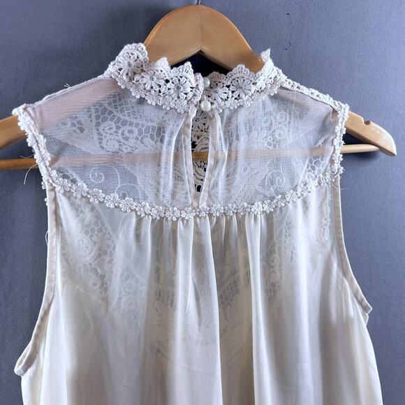 Boho Chic Crochet Lace Sheer Cottage Sleeveless Festival Coastal Cream Top MED - Picture 7 of 10